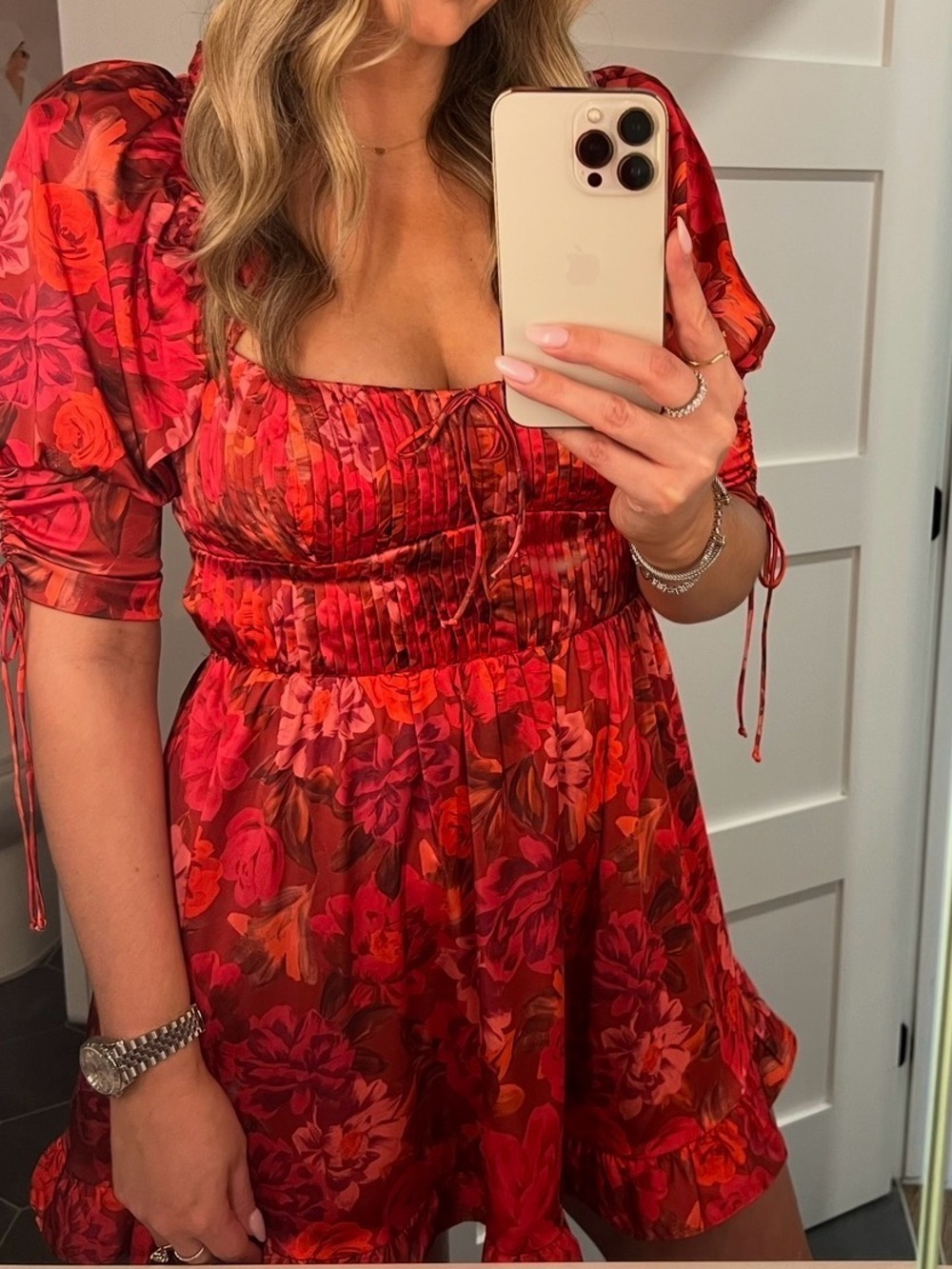 For Love & Lemons Pink and Red Floral Puff-Sleeve Mini Dress